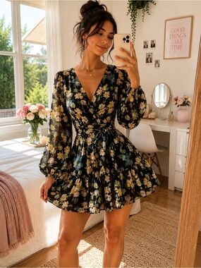 Melonie Floral Mini Dress Womens Size 2 Black Blue Long Sleeve Tie Waist